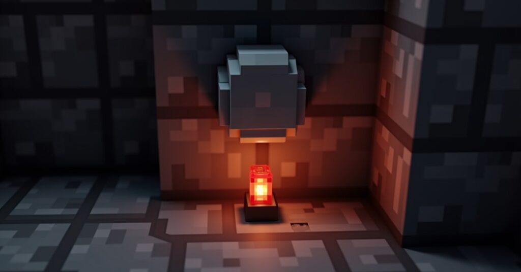 A Minecraft stone button mounted on a stone wall in a torchlit redstone workshop, with a glowing redstone lamp below.