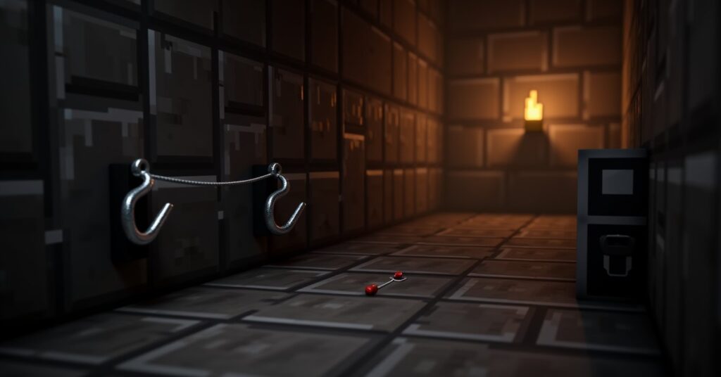 Minecraft tripwire stretched between two iron hooks across a stone corridor, with redstone running to a wall dispenser.