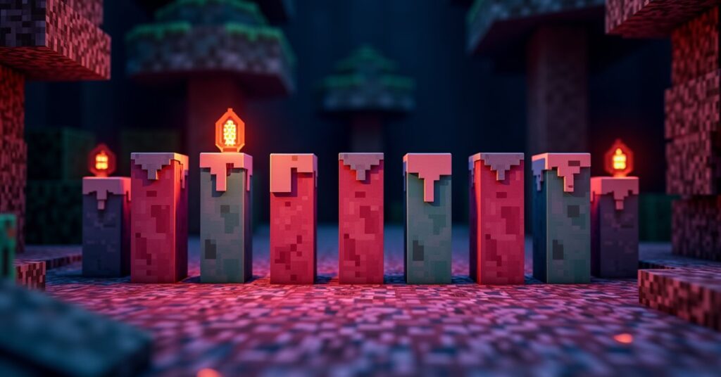Stripped crimson hyphae and stripped warped hyphae blocks displayed as columns in a Minecraft nether forest.
