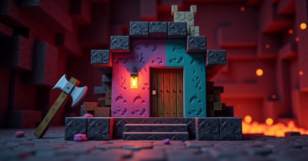 Stripped crimson stem and stripped warped stem blocks stacked in a small Nether workshop on blackstone, with an axe nearby.