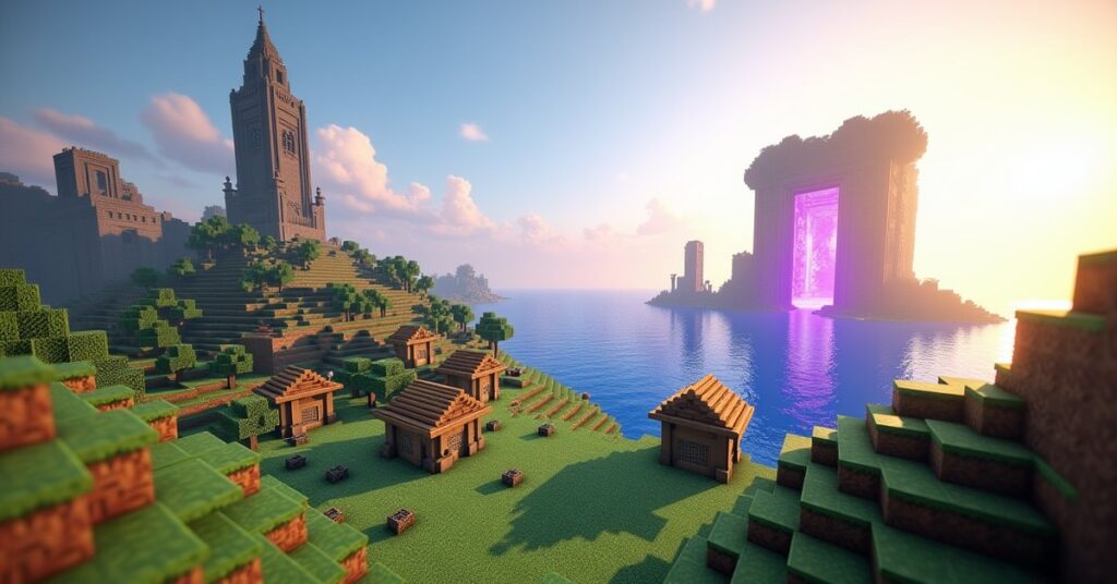 Minecraft structures overview scene with a village, pillager outpost, ocean monument, and ruined portal at golden hour.