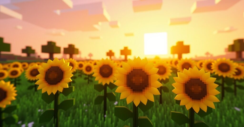 A field of Minecraft sunflowers in the Sunflower Plains biome at sunrise, with oak trees in the background.