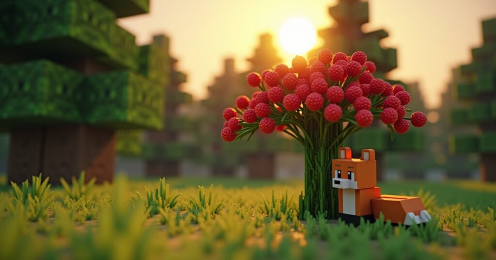Sweet berry bush in Minecraft with red berries on dark green spiky stems, at the edge of a taiga forest with spruce trees.