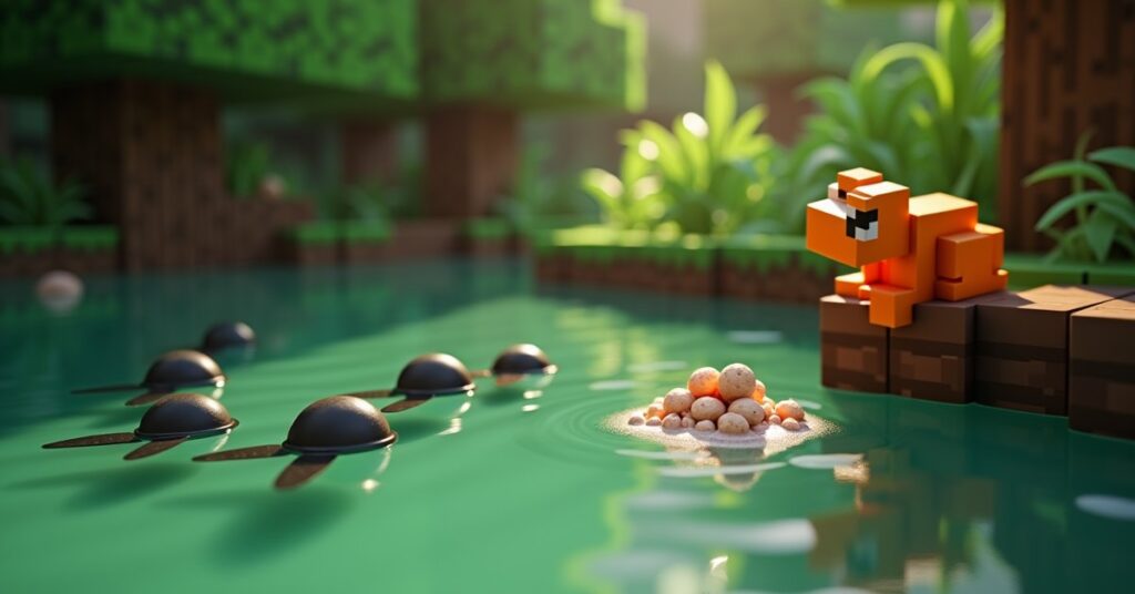 Minecraft tadpole swimming in shallow water near frogspawn