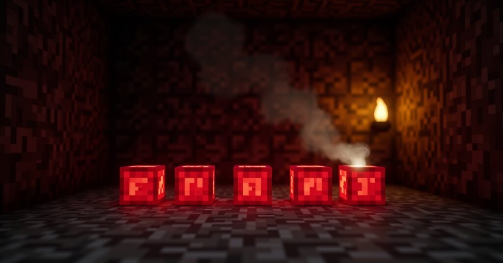 Row of TNT blocks in a Minecraft mining tunnel with the closest block flickering as its fuse burns down.