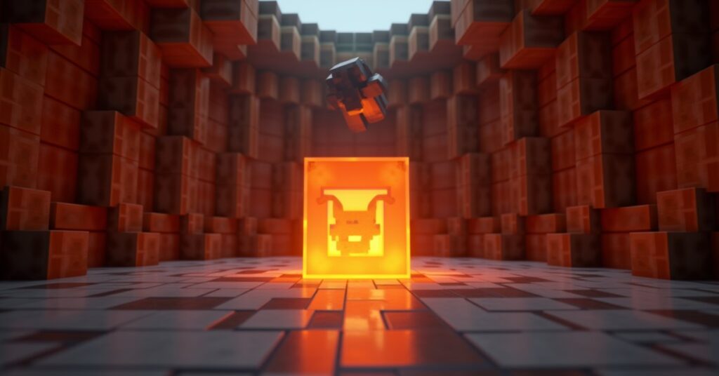 A glowing orange trial spawner inside a Minecraft trial chamber, with copper-edged walls and a breeze spawning above it.