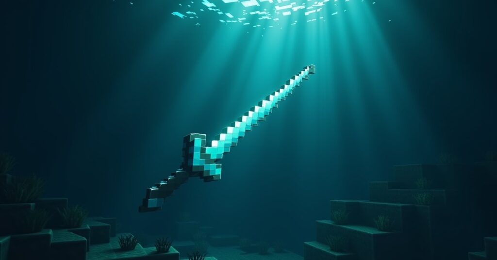 Minecraft trident weapon thrown underwater toward a drowned mob in a dark ocean
