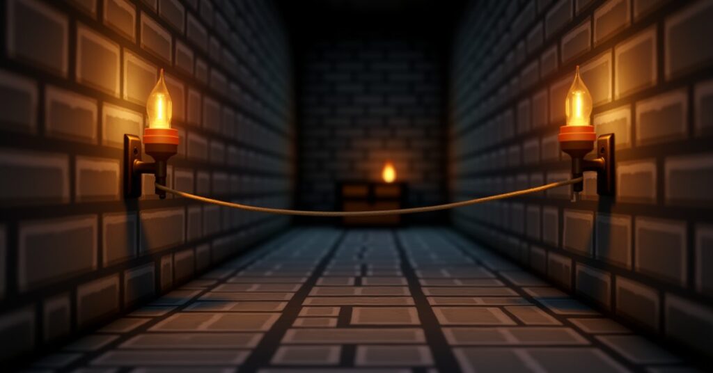 A Minecraft stone-brick hallway with a tripwire stretched between two hooks on opposite walls, chest at the end.
