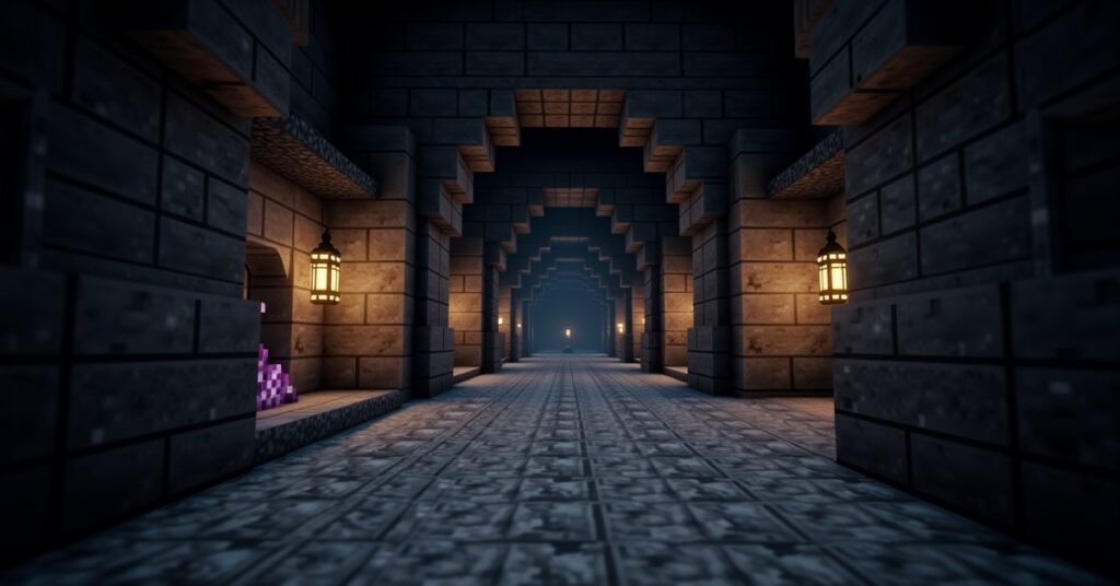 A Minecraft underground hall built from tuff, polished tuff, and tuff bricks, lit by lanterns and amethyst clusters.