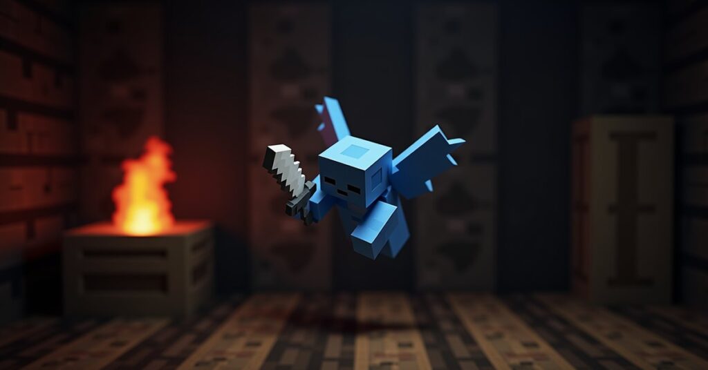 A small blue-white flying vex holding an iron sword inside a dark Minecraft woodland mansion room.