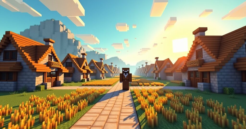 A Minecraft plains village at sunset with oak houses, farms, a central well and bell, a villager, and an iron golem on guard.