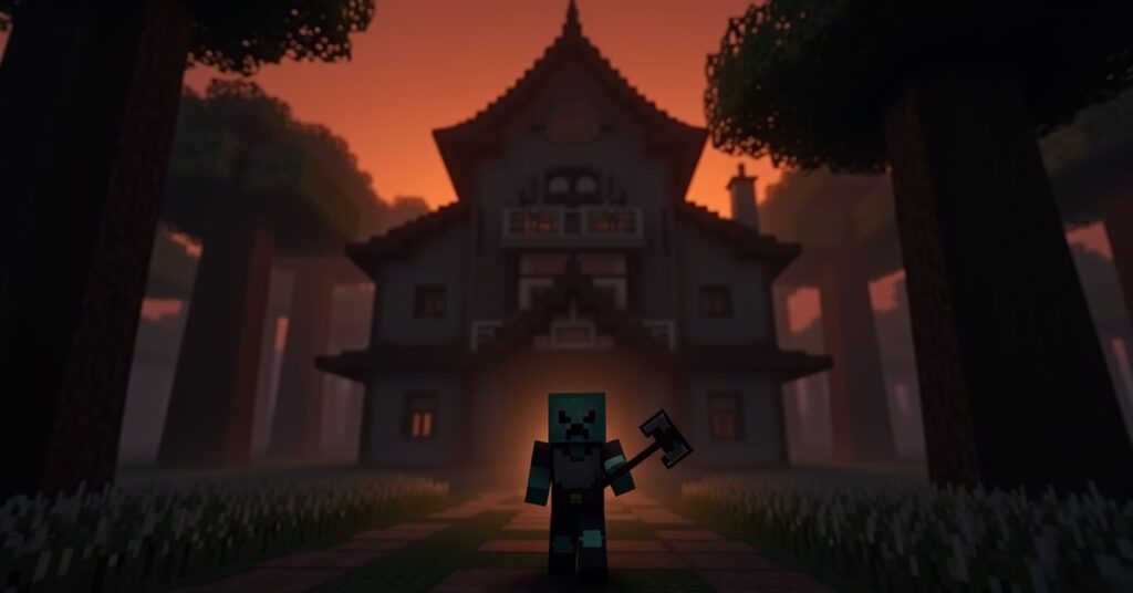 Minecraft vindicator holding an iron axe in front of a dark oak woodland mansion at dusk