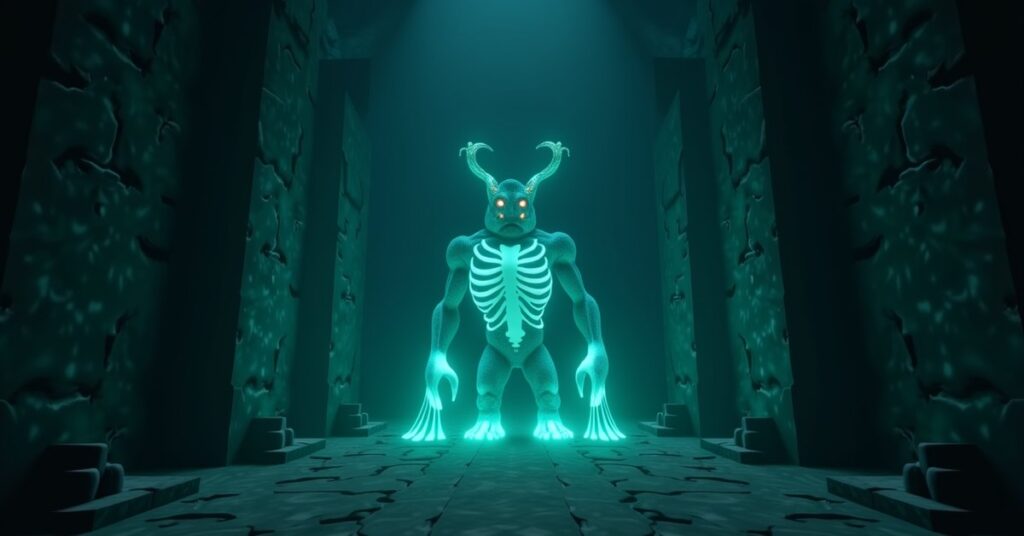 A blocky Minecraft Warden emerging from sculk in a dark ancient city, its chest and head tendrils glowing cyan in the gloom.