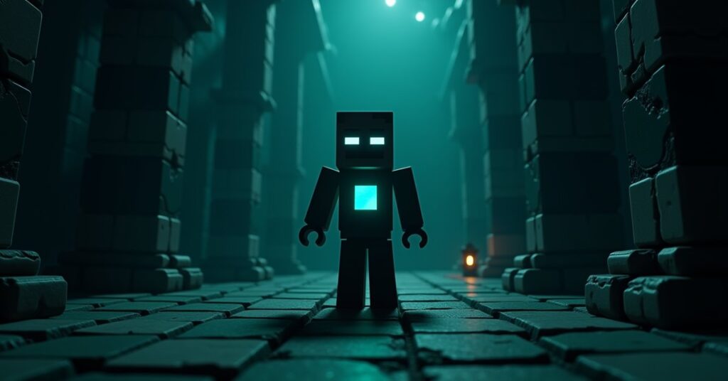 Minecraft Warden mob with glowing chest standing in a dark ancient city surrounded by sculk blocks.