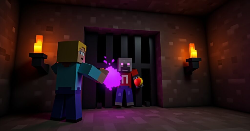 A Minecraft player throwing a splash Potion of Weakness at a zombie villager behind iron bars in a torch-lit hut.