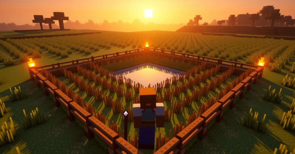 Minecraft wheat farm at sunset with mature golden wheat, a water source, oak fence, torches, and a player holding a hoe.
