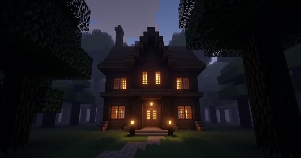 A dark oak woodland mansion in a Minecraft dark forest at dusk, its windows glowing against the surrounding trees.