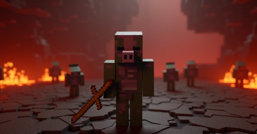 A zombified piglin holding a golden sword stands in the Minecraft Nether wastes with glowing lava behind it.