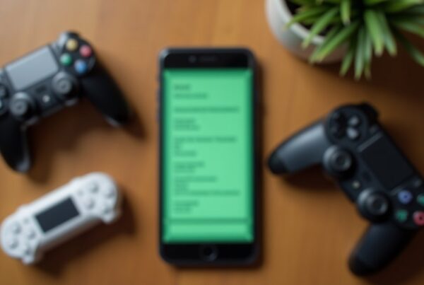 A phone showing a list of apps surrounded by three game controllers on a wooden table