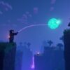Minecraft player throwing a glowing ender pearl across a ravine toward an enderman at dusk