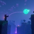 Minecraft player throwing a glowing ender pearl across a ravine toward an enderman at dusk