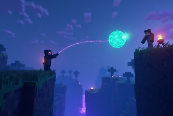 Minecraft player throwing a glowing ender pearl across a ravine toward an enderman at dusk