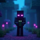Enderman in Minecraft holding a grass block in a Nether warped forest, purple eyes and particles glowing