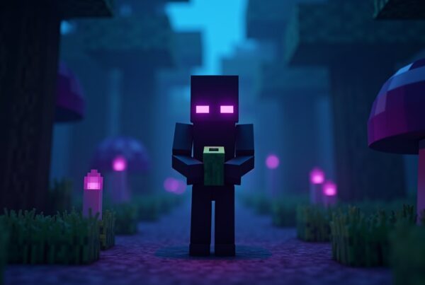 Enderman in Minecraft holding a grass block in a Nether warped forest, purple eyes and particles glowing