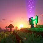Minecraft player on a grassy hill at sunset throwing a glowing eye of ender that trails purple particles toward the horizon.
