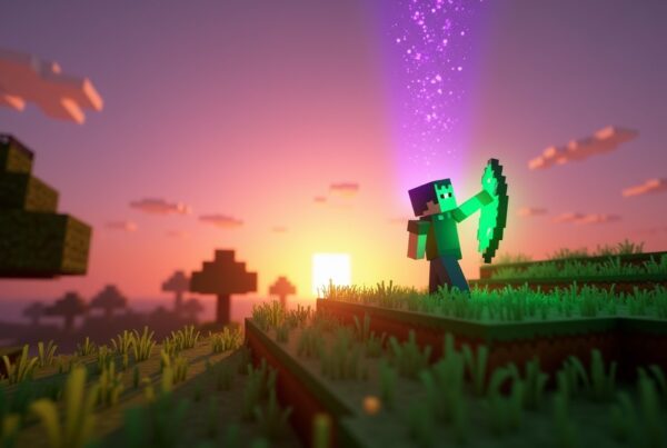 Minecraft player on a grassy hill at sunset throwing a glowing eye of ender that trails purple particles toward the horizon.