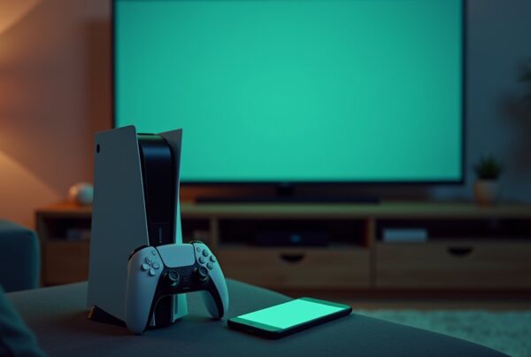 A PlayStation console and controller beside a TV with a phone on the couch, set up to join a Minecraft server
