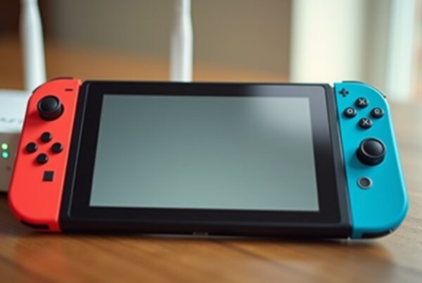 A Nintendo Switch on a kitchen table next to a Wi-Fi router, for changing DNS to join a Minecraft server
