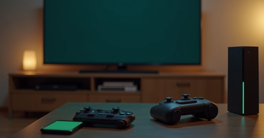 An Xbox console and controller on a living room table with a phone, ready to join a Minecraft server