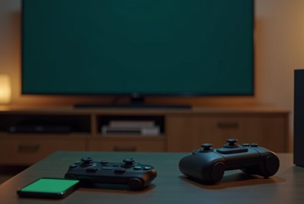 An Xbox console and controller on a living room table with a phone, ready to join a Minecraft server