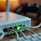 A home router with numbered ethernet ports and a glowing cable, with a game controller in the background