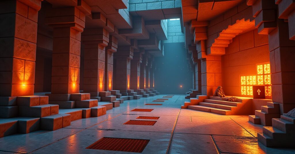 Inside a Minecraft trial chamber with tuff walls, copper bulbs, a trial spawner, a breeze, and a vault