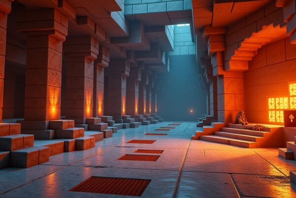 Inside a Minecraft trial chamber with tuff walls, copper bulbs, a trial spawner, a breeze, and a vault