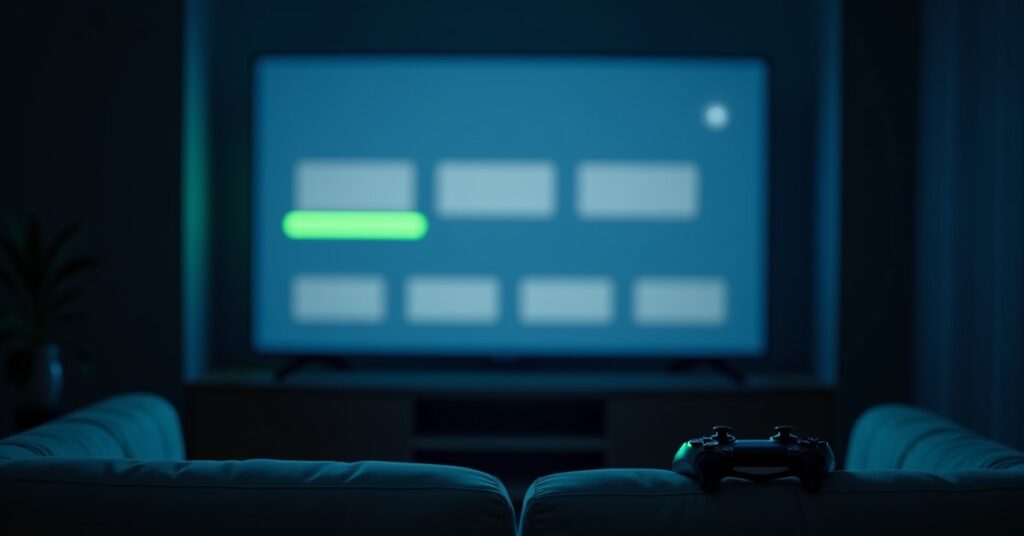 A television showing an empty console menu with one item highlighted, seen from a couch with a controller