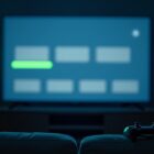 A television showing an empty console menu with one item highlighted, seen from a couch with a controller