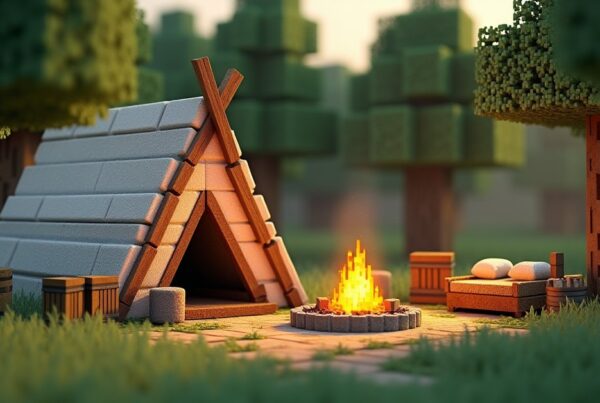 A Minecraft abandoned campsite in a forest clearing with a wool tent, a cold campfire, barrels and a chest