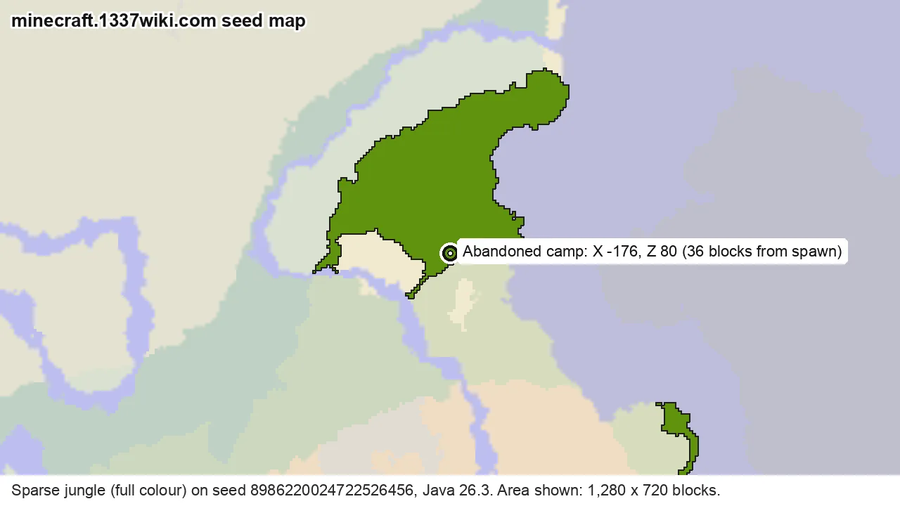 Seed map showing an abandoned camp in a sparse jungle on Java seed 8986220024722526456 at X -176, Z 80