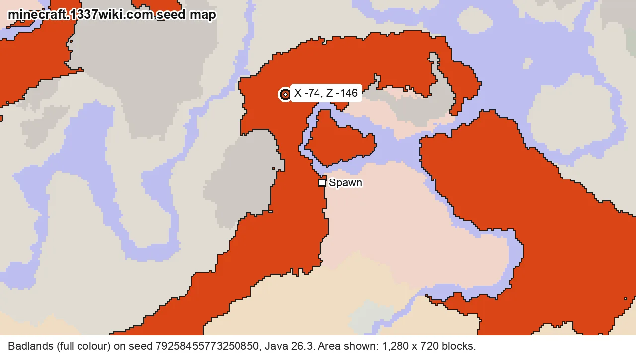 Seed map of badlands on Java seed 79258455773250850 near X -74, Z -146