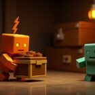 A small copper golem carrying items between chests in a Minecraft storage room, with an oxidized statue nearby