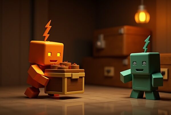 A small copper golem carrying items between chests in a Minecraft storage room, with an oxidized statue nearby