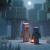 A creaking with glowing orange eyes standing still in a pale gray garden at night as a Minecraft player with a lantern faces it