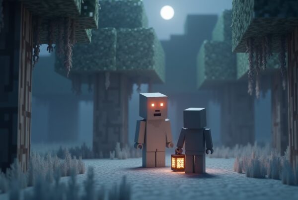 A creaking with glowing orange eyes standing still in a pale gray garden at night as a Minecraft player with a lantern faces it