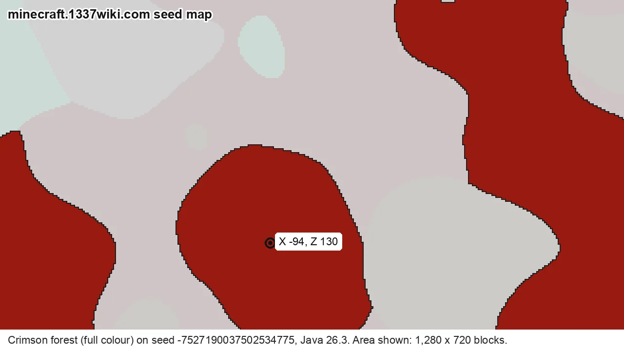 Seed map of a crimson forest in the Nether on Java seed -7527190037502534775 near X -94, Z 130