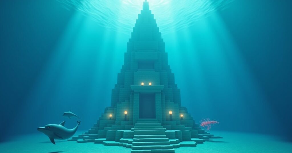 An underwater Minecraft deep ocean with a prismarine ocean monument on the floor and dolphins swimming above