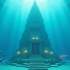 An underwater Minecraft deep ocean with a prismarine ocean monument on the floor and dolphins swimming above