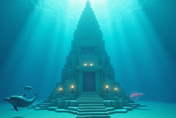 An underwater Minecraft deep ocean with a prismarine ocean monument on the floor and dolphins swimming above